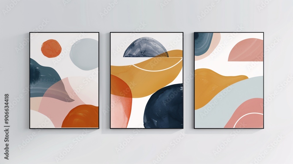 Poster three modern abstract art posters with a continuous minimalistic pattern, seamlessly connected on a 