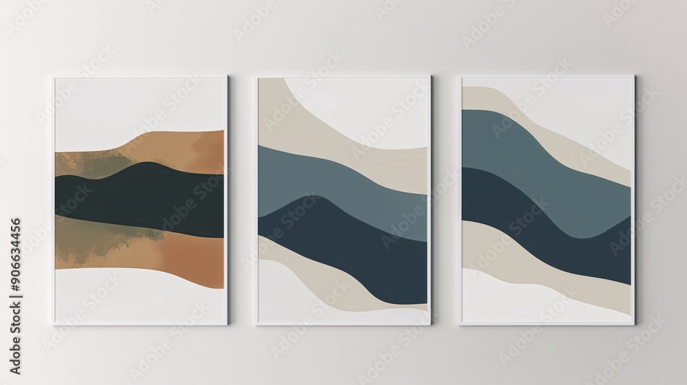 Poster a trio of minimalistic abstract posters with a seamless continuous image, displayed on a white backg