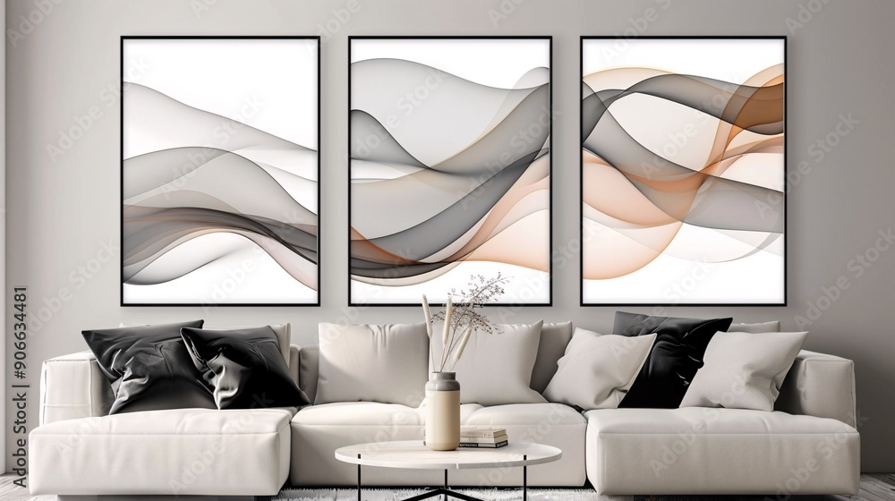 Poster a set of three modern abstract posters with a continuous, flowing minimalistic design on a white bac
