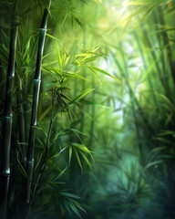 A lush green forest with bamboo trees. The bamboo is tall and green, and the leaves are full and vibrant. Concept of tranquility and natural beauty