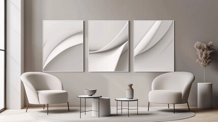 A trio of abstract posters showcasing a continuous minimalistic design on a white background, ideal for a modern and refined interior setting