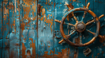 Fototapeta premium Nautical wooden ship steering wheel on old planks