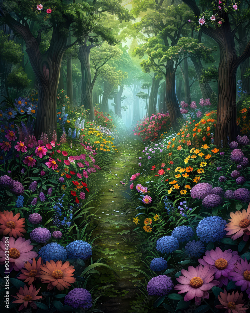 Poster a colorful path through a forest of flowers. the flowers are of various colors and sizes, and the pa