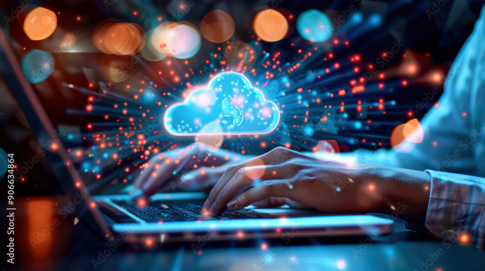 Poster a person is typing on a laptop with a cloud symbol on the screen. concept of technology and producti