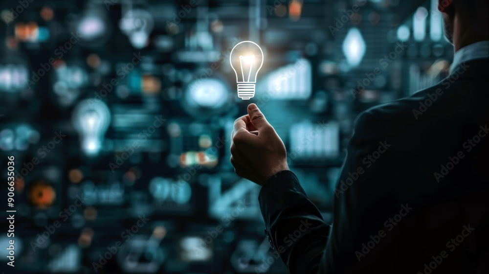 Poster a man is pointing at a light bulb on a computer screen. concept of innovation and creativity, as the