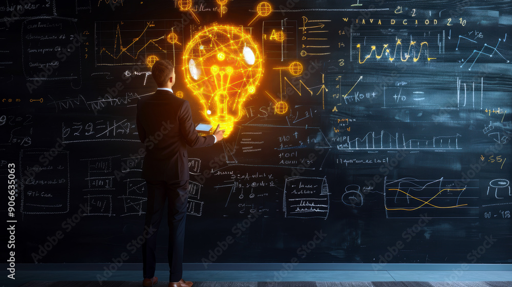 Poster a man stands in front of a blackboard with a light bulb on it. he is holding a book and he is thinki