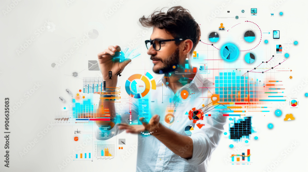 Poster a man is holding a pen and drawing on a screen with a lot of different shapes and numbers. concept o