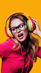 A woman in glasses wearing headphones with colorful lights, AI