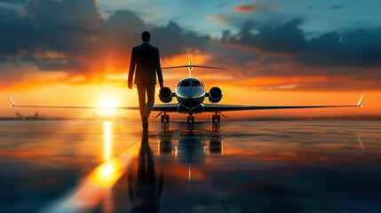 Fototapeta premium A man is walking on a runway next to a jet. The sky is orange and the sun is setting