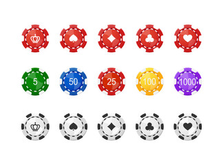 Casino poker chips game icons, gambling coins, tokens with card signs, poker chips.