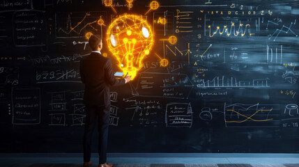 A man stands in front of a blackboard with a light bulb on it. He is holding a book and he is thinking or working on a project. Concept of creativity and innovation