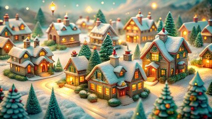 Little houses with snow-covered roofs, glowing lanterns and festive wreaths in gold, red and green tones create a warm New Year, Christmas atmosphere, a nostalgic holiday scene.