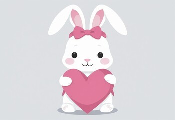 Obraz premium Adorable White Rabbit Maid Hugging Heart Pillow Cartoon Illustration