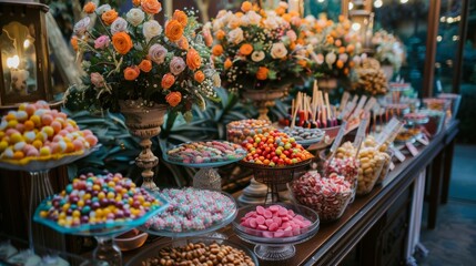 Fototapeta premium turkish sweets in a market, Candy Bar Wedding, candy buffet, delicious Candy bar at a wedding.