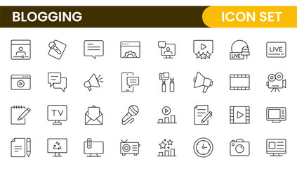 Blogging banner with icons. Post, social media, community, content, website, sharing, create, opinion. Business concept. Web vector infographic in outline icon style.