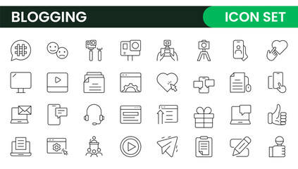 Blogging banner with icons. Post, social media, community, content, website, sharing, create, opinion. Business concept. Web vector infographic in outline icon style.