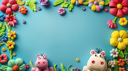 Fototapeta premium A blue background with colorful flowers and butterflies made from clay.