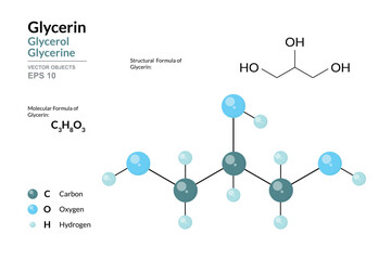 Glycerol, Glycerin, Glycerine. Structural Chemical Formula and 3d Model of Molecule. C3H8O3. Atoms with Color Coding. Vector Illustration for educational materials, scientific articles, presentations