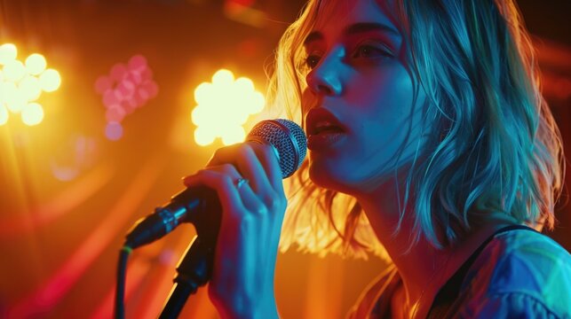 A woman performs on stage with a microphone, focused on her music
