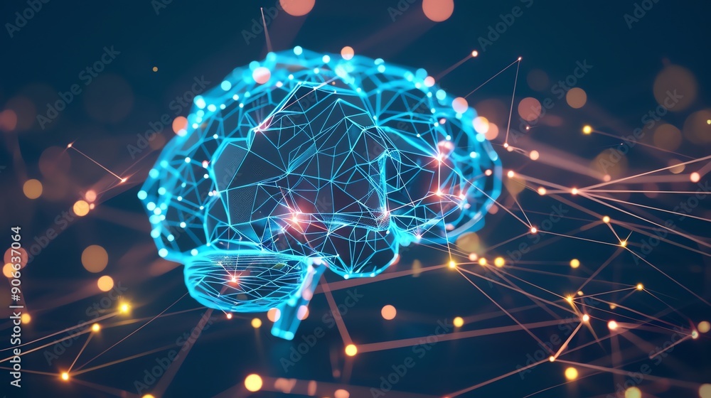 Poster a digital rendering of a human brain with glowing connections.
