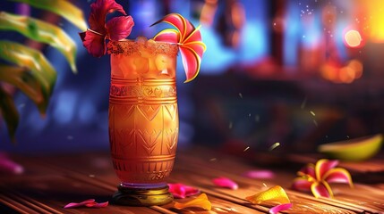 Fototapeta premium Tropical Cocktail with Hibiscus Flower Garnish