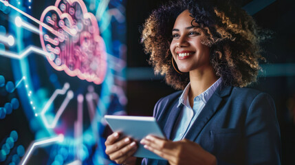 Beautiful smiling afro-american business woman in a suit holding a tablet with a digital cloud in the air. Digital cloud service, app, network, security, database, interface, support, internet, wi-fi