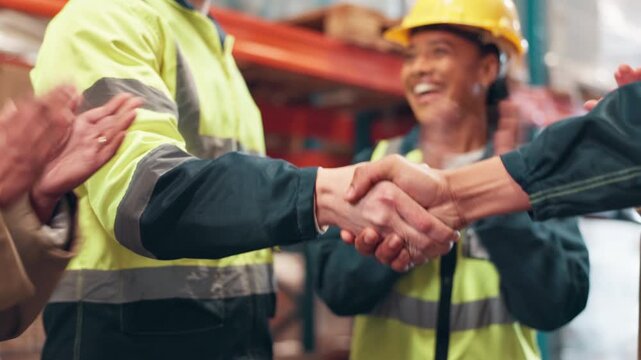 Handshake, people and celebration in warehouse for collaboration, partnership and success with applause. Shaking hands, welcome and logistics industry for intro, supply chain and cooperation together