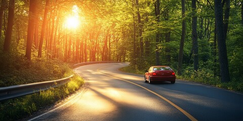Speeding Car on Winding Road in European Forest