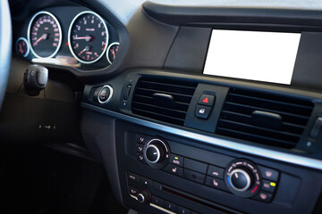 Monitor in car isolated blank screen for navigation maps and GPS rearview camera and parking assistant. Car display with blank white screen for design mock up, copy space.