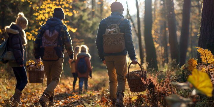 Group of friends on a mushroom foraging adventure, each carrying a basket and walking through a sunlit, autumnal forest.