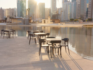 A city skyline in Abu Dhabi with a modern-looking park. modern Qasr al Hosn heritage museum and modern skyscrapers . Abu Dhabi city famous landmarks,