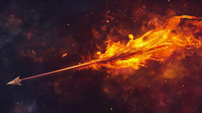 A fire arrow shot from a specific bow, made of wood and metal, burning and flying through the air.