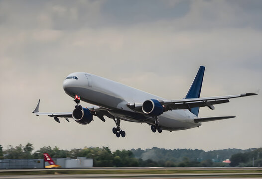 A large passenger plane with lights on lands in the airport