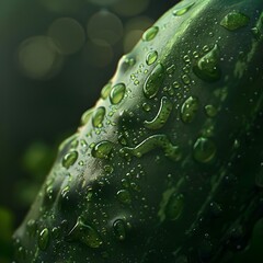 A close-up of a green cucumber with water droplets on its surface, highlighting the freshness and detailed texture of its skin.