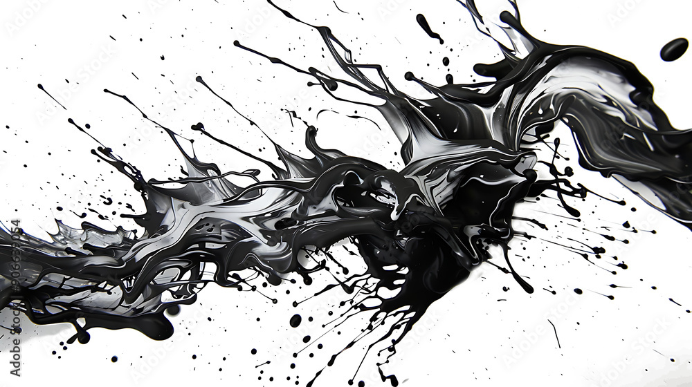 Poster dynamic black ink splashes creating intricate patterns on a clean white background, inspired by japa