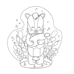 Childrens drawings coloring page. Cute cartoon badger holding a wild berry in the middle of the forest. Vector.