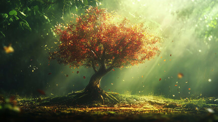 Sunlight shines through the dense forest, red leaves