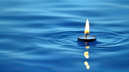 diwali diya lit candle with steady flame floating on calm blue water ripples indian festival diwali celebration