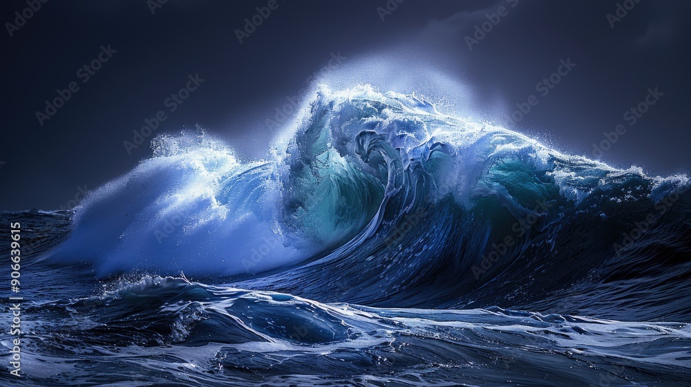 Poster a large wave is crashing into the ocean. the sky is dark and cloudy, and the water is a deep blue co