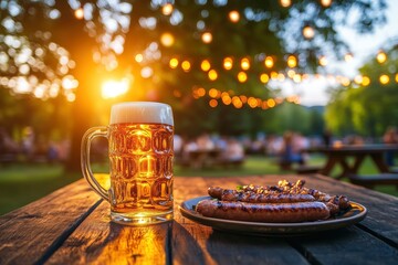 Bavarian beer mug and plate of grilled sausages set on a rustic wooden table at an outdoor beer fest Sunset octoberfest