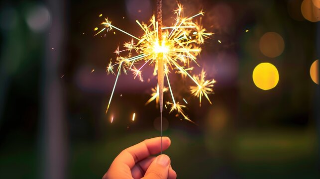 hand holding lit sparkler cracker diwali festival celebration with bright sparks flying off lights background festive atmosphere hindu culture