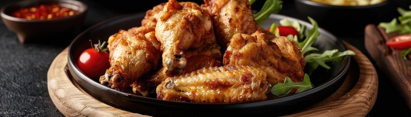 Delicious crispy chicken wing served on a wooden plate with fresh herbs and dipping sauce, perfect for appetizers or party snacks.