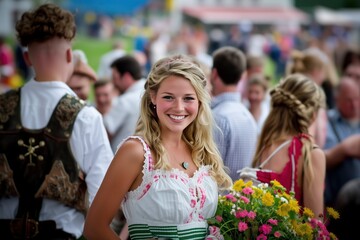 blond wife wears a dirndl, a joyful smile, anticipation, and fun at a city festival or oktoberfest