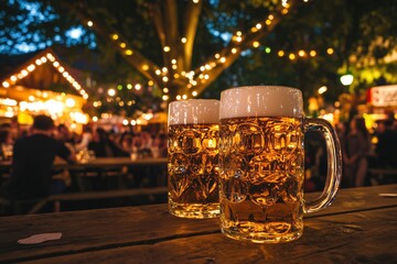 Friends enjoying Oktoberfest with beer mugs in an outdoor beer garden, surrounded by festive lights and a joyful atmosphere