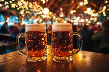 Two frothy beer mugs on a table in a bustling Oktoberfest beer tent, surrounded by festive lights and joyful patrons 