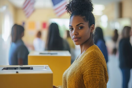 Black woman casting her vote in a ial election at an American ballot box station with flags and people practicing their rights during the most important political choice in the USA
