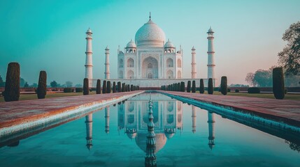 Serene view of the Taj Mahal reflected in a calm pool with clear skies.