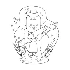 Childrens drawings coloring page. Charming cartoon beaver with a birch branch in the middle of a lake with reeds. Vector