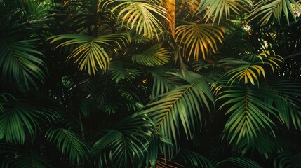 A sunny day with light shining through palm tree leaves