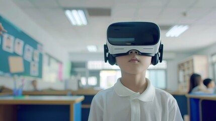 A student is experiencing virtual reality with a headset in a classroom